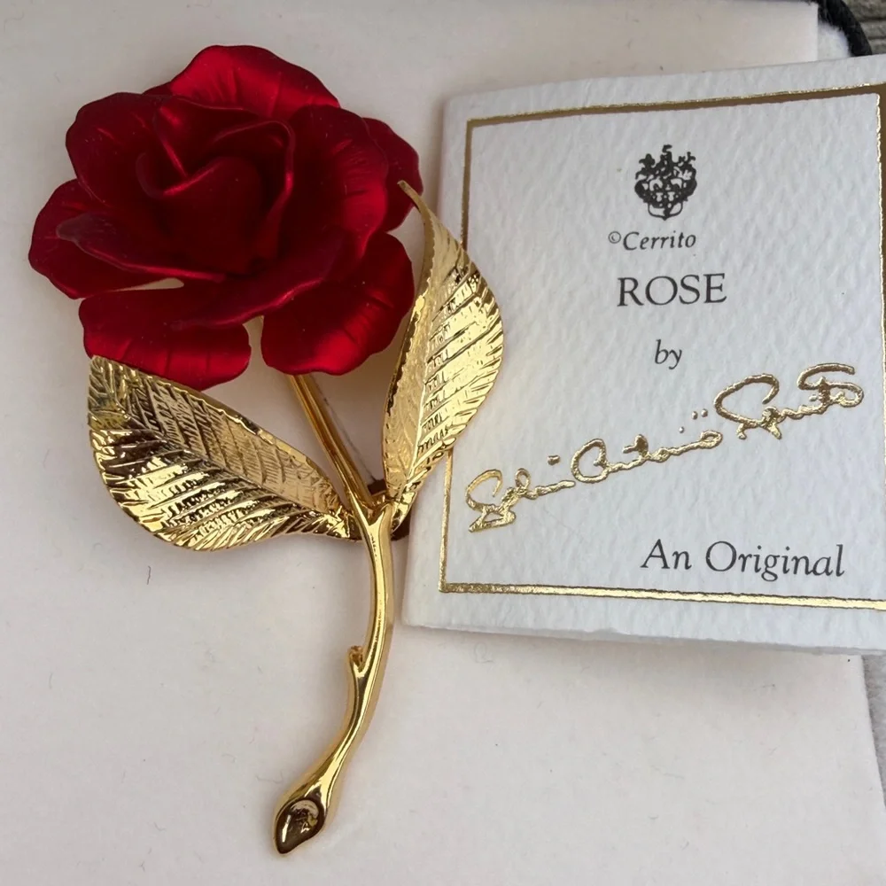 Vintage Cerrito Red Rose Brooch Original Zales Box & Card
